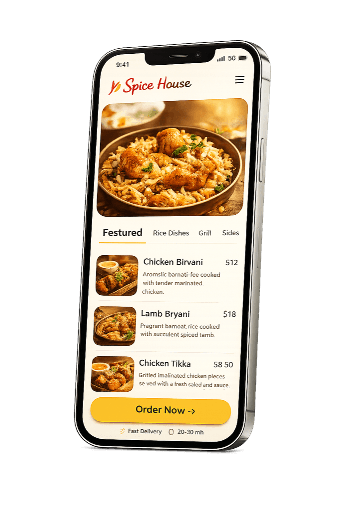 Restaurant website on a mobile phone showing direct online ordering